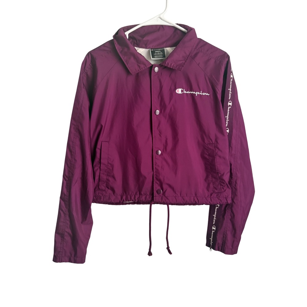 Champion Women Purple Cropped Windbreaker Coach Jacket Logo Tape Small